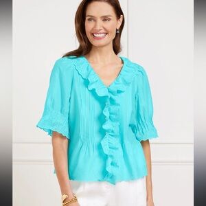 Talbots COTTON EMBROIDERED EYELET RUFFLE TOP Bright Turquoise Blue Size MP $78